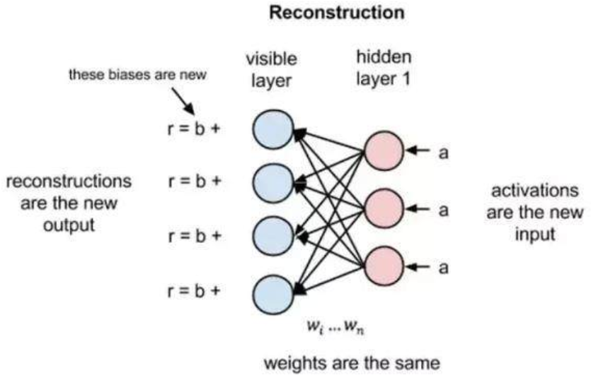 Reconstruction these are new reconstructions are the new output visible layer hidden layer 1 a a a weights are the same activations are the new input 